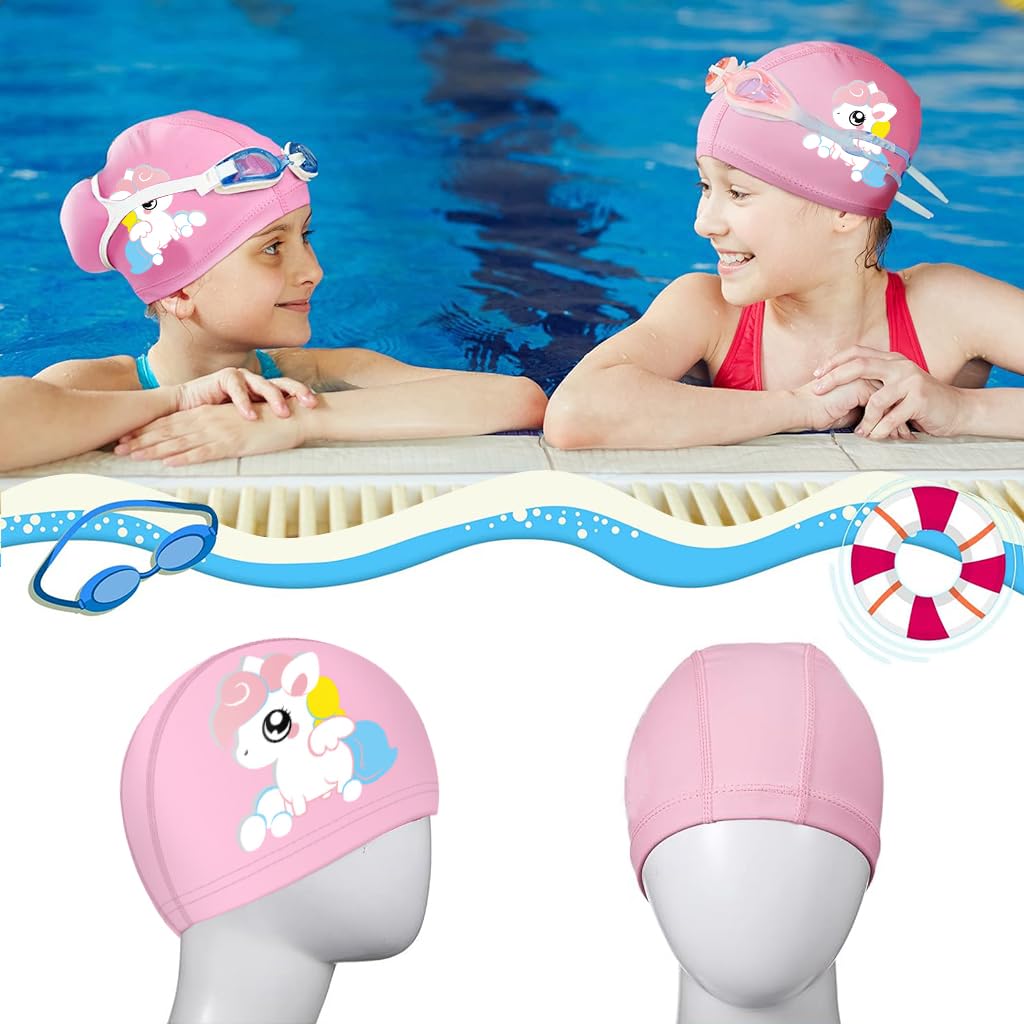 Proberos® Swimming Cap for Girls, Waterproof Elastic PU Coated, Age 3-12 3