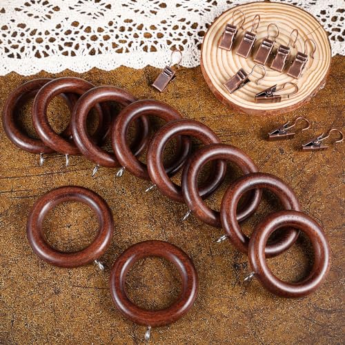 24 Pack Wooden Curtain Rod Rings with Drapery Clips Farmhouse Beech Wood Drapes Rings 1.5 Inch Interior Diameter Rustic for 1-1.3 Inch Curtain Rod Pole (Retro Brown, 2.4 inch)