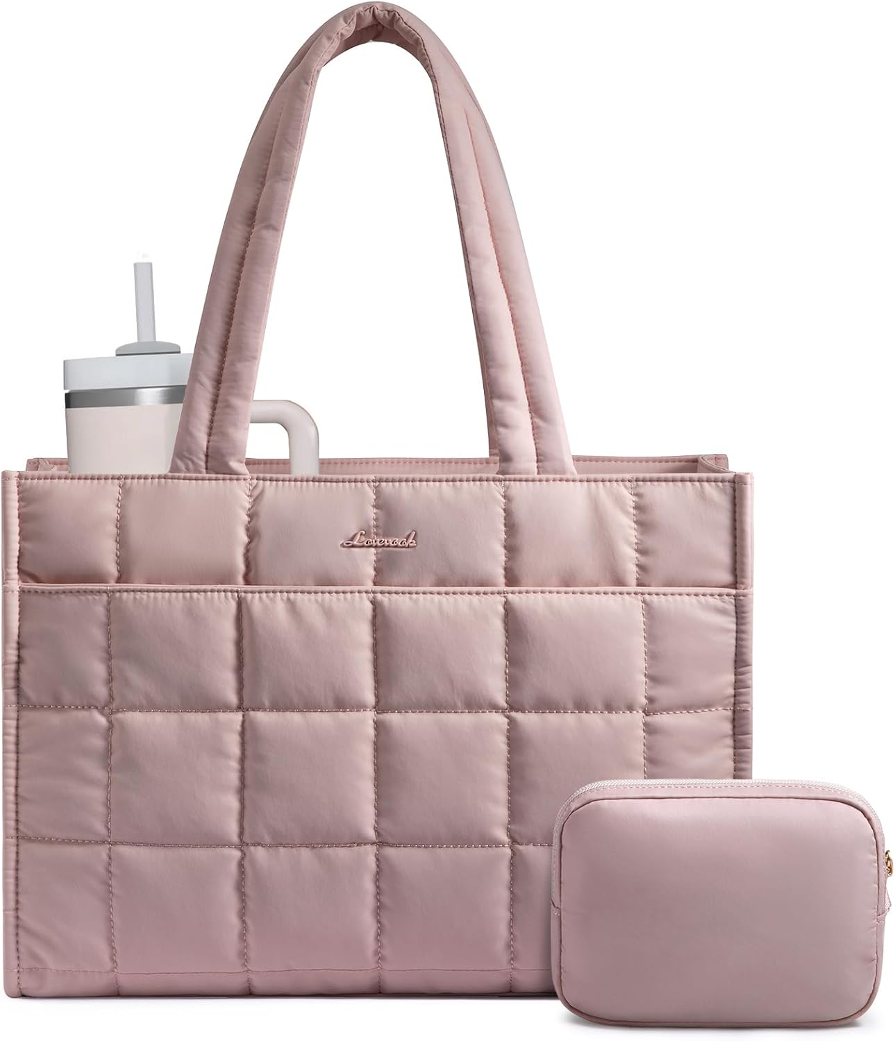 LOVEVOOK Tote Bag for Women, Puffer Work Handbag 17 Inch Laptop Purse for Nurse Teacher, Large Quilted Travel Tote Shoulder Bag with Zipper for College Office Clinical Gym, Black