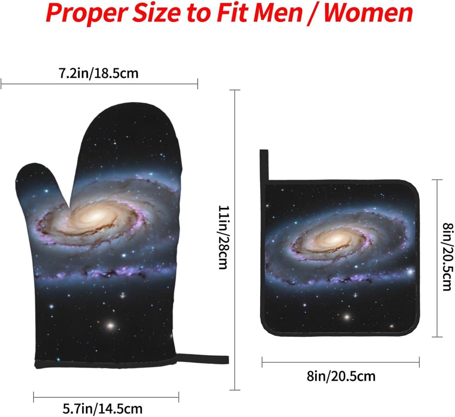(Starry Universe Space) Baking 4-Piece Set: 2 Oven Mitts and 2 Pot Holders Heat Resistant Waterproof Hanging Loop for Kitchen Oven Grill Housewarming Gifts
