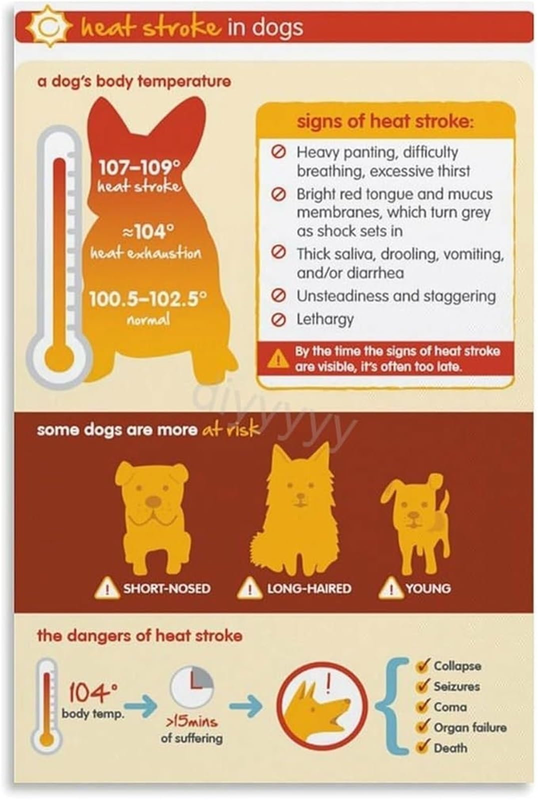 MQXFCZUX Safe and Sound Dogs Guide to Warm Weather Poster Canvas Art Print for Welcoming Entryway or Training School Lobby Framed,16x24inch(40x60cm)