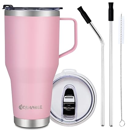 AQUAPHILE 40oz Tumbler with Handle, Straw and Lid - Insulated Reusable Water Bottle - Stainless Steel Thermal Cup with Handle - Leak-proof Travel Coffee Mug for Hot and Cold drinks(Pink)