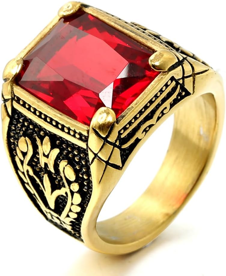 Men's Stainless Steel Ring Square Ruby Gemstone Gold Plating Wedding Band