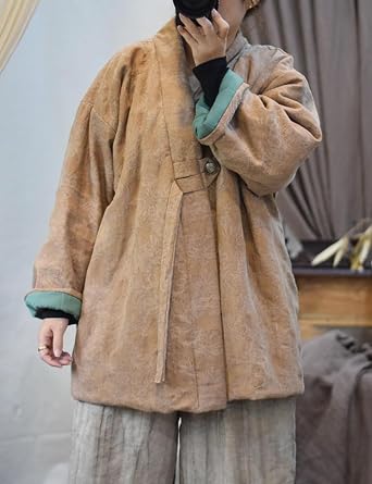 Women's Quilted Jacket Cardigan Jacquard Cotton Linen Long Sleeve Open Front Hanfu Style Padded Quilted Coats