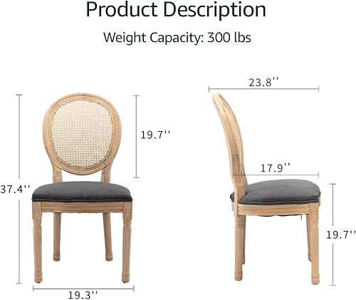 Miniatura 3 de Juego de 2 sillas de comedor de campo francés, sillas de comedor de ratán con respaldo de caña gris con asiento tapizado de lino, patas de madera