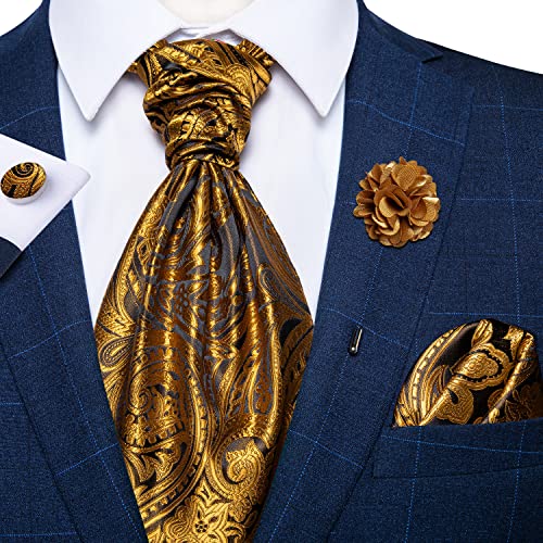 Image of DiBanGu Mens Silk Ascot Ties Paisley Jacquard Woven Cravat and Pocket Square Cufflinks with Lapel Pin for Business Wedding