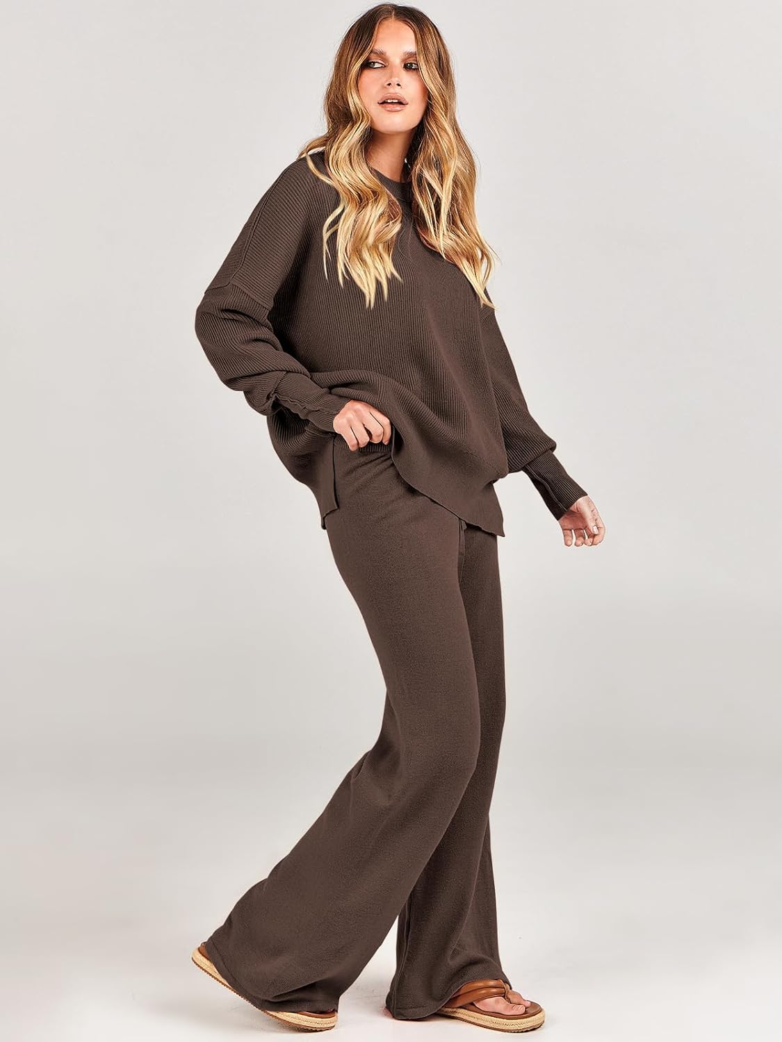 ANRABESS Womens 2 Piece Outfits Fall Lounge Set 2025 Oversized Chunky Knit Sweater Top Wide Leg Pants Loungewear Clothes