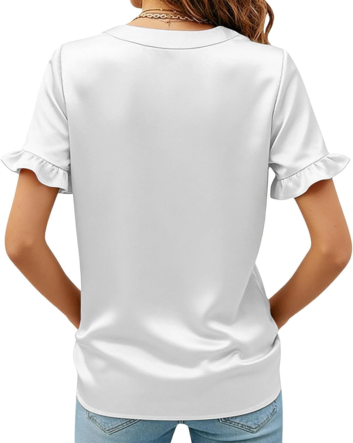 Womens Summer Tops Satin Blouses Dressy Casual Loose Pleated V Neck Short Sleeve Shirts Work Business Outfits