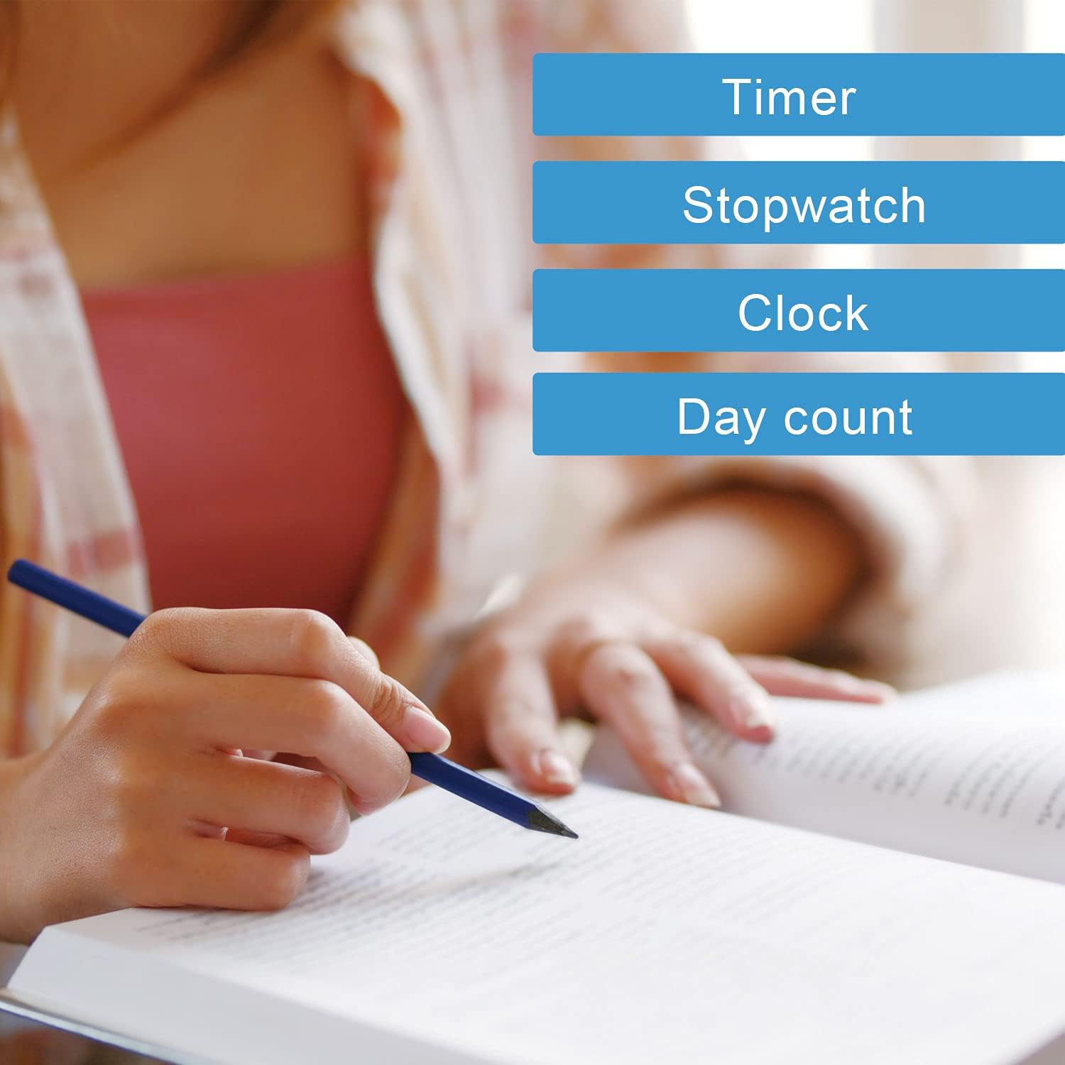 dretec Learning Timer displaying Timer, Stopwatch, Clock, and Day Count modes