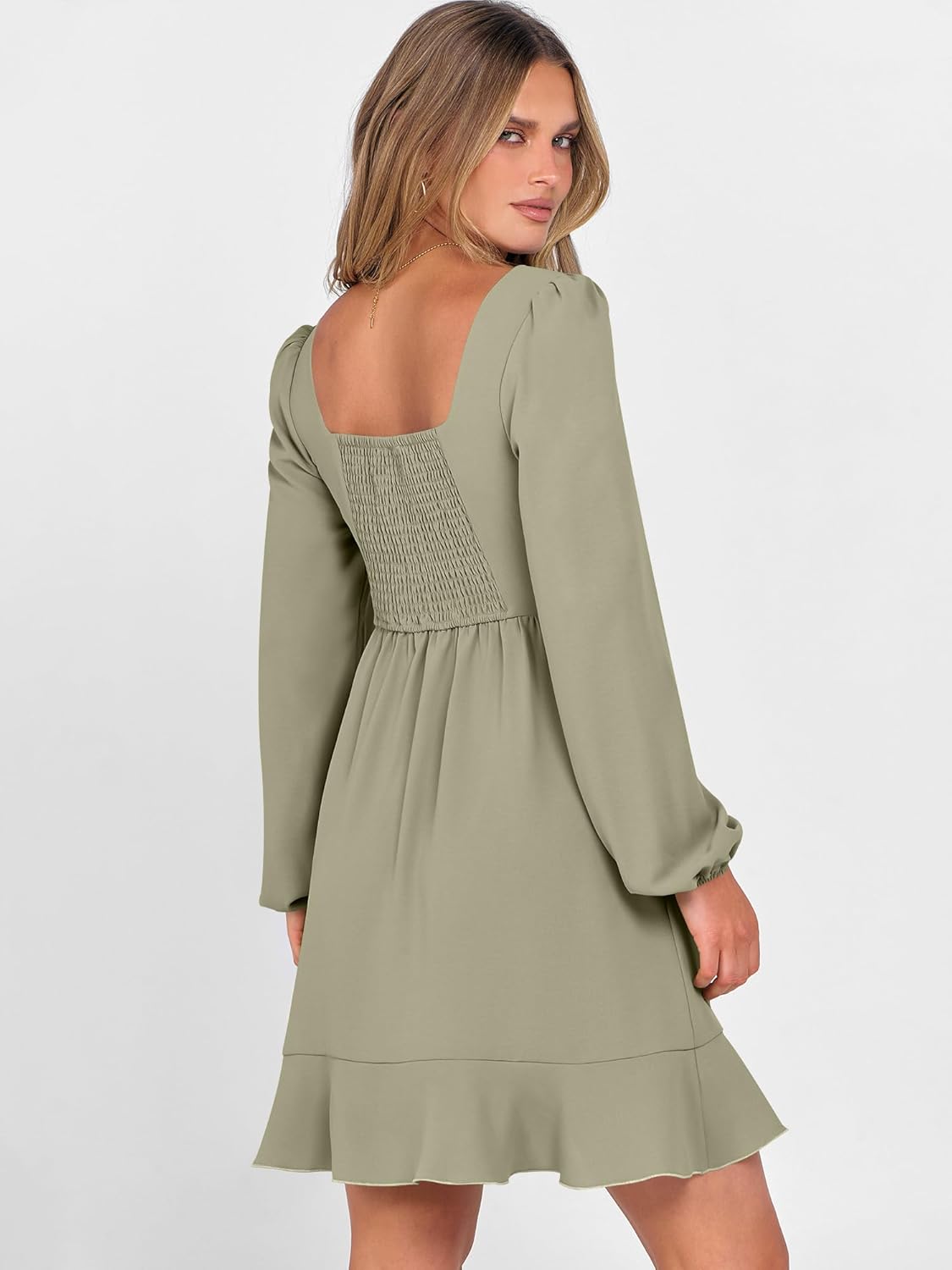 ANRABESS Womens Dress Long Sleeve Square Neck Tie Waist Ruffle Hem Short Cocktail Wedding Guest Fall Party Club Mini Dresses - Image 3