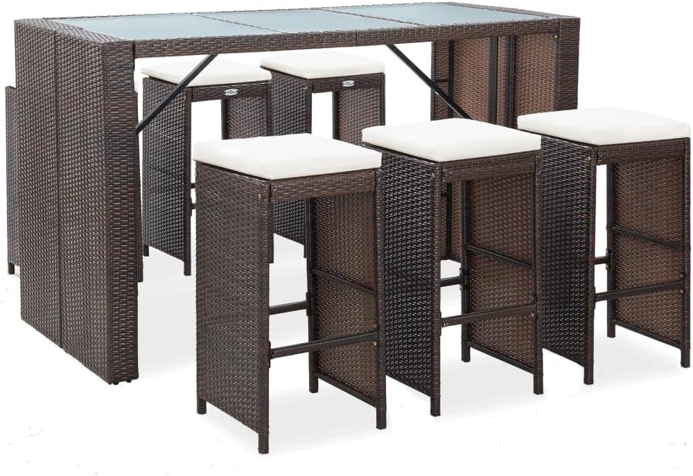 7 Piece Patio Bar Set with Cushions Poly Rattan Brown, Outdoor Patio Furniture Set with 1 Table and 6 Bar Stool for Backyard, Garden -1428 -AA