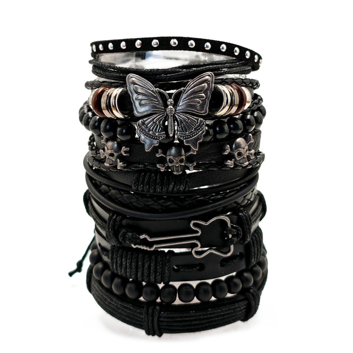 Aijewelop 10pcs/set Black Punk Style PU Leather Bracelet Set - Adjustable Cuff Wraps for Men & Women, Perfect for Casual Attire & Gifting