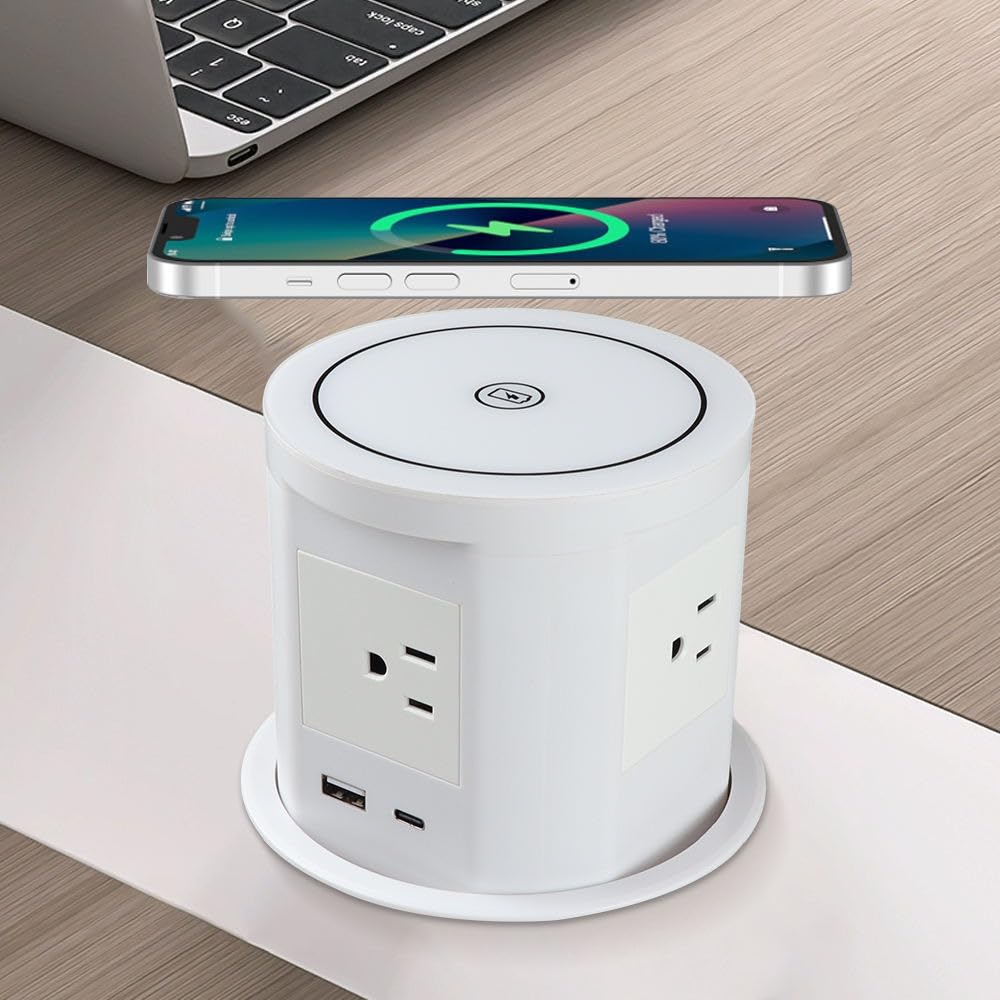 Audiovan Vertical Pop Up socket Pneumatic Electrical Countertop, 3* Power+ USB type A+C charge+ 18 watt Fast Wireless phone charge Kitchen Counter Conference Desk (White VMP-28)-image-48