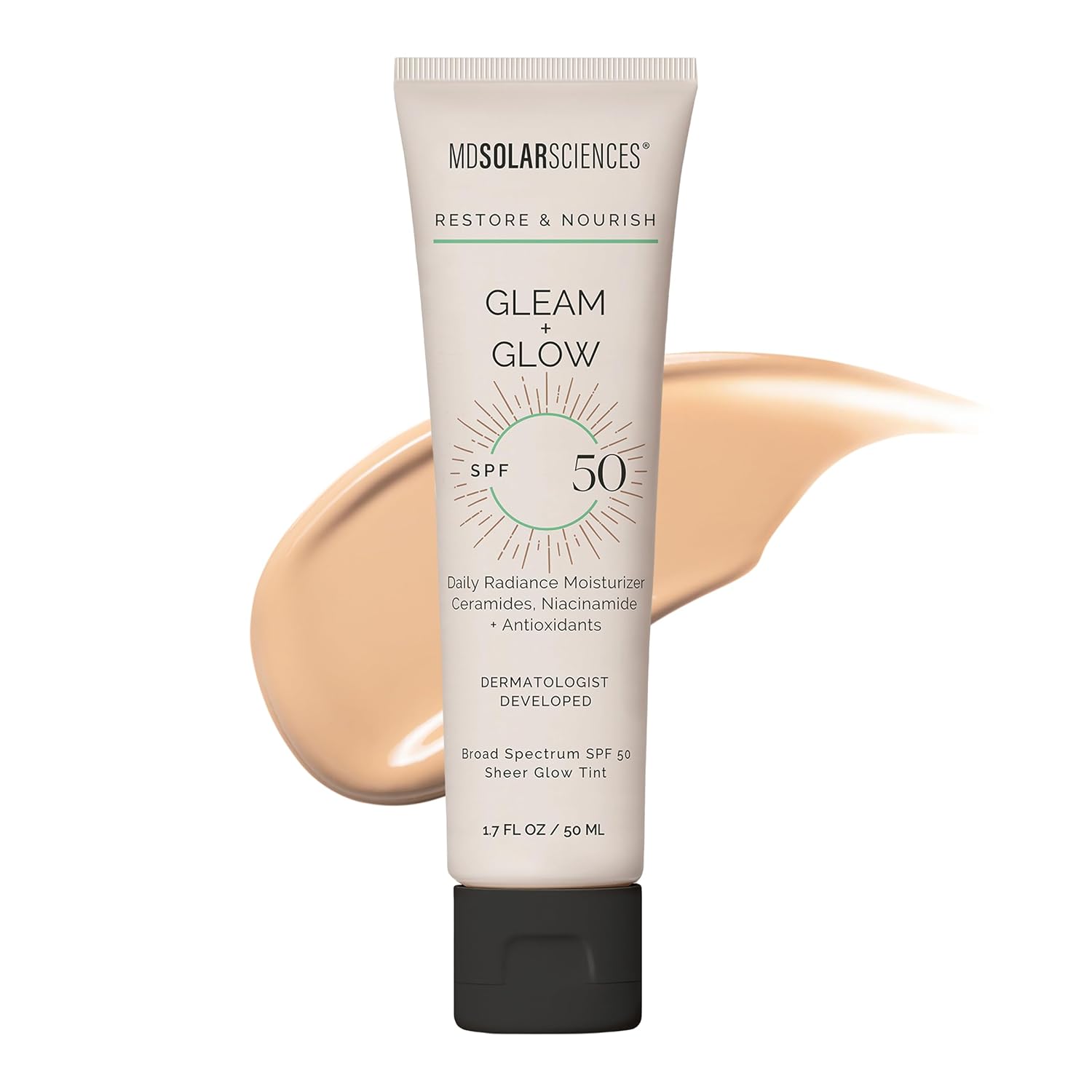 MDSolarSciences Gleam and Glow Sunscreen SPF 50 Tinted Face Moisturizer with Broad Spectrum UV Protection, Anti Aging Antioxidants, Sheer, Hydrating, Makeup Primer for Radiant Skin, 1.7 Fl Oz