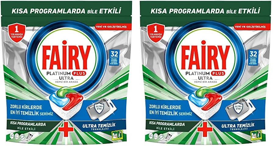 Fairy Platinum Plus Ultra Temizlik Bulaşık Makinesi Deterjanı Kapsülü 32 Yıkama Limon Kokulu 2li paket