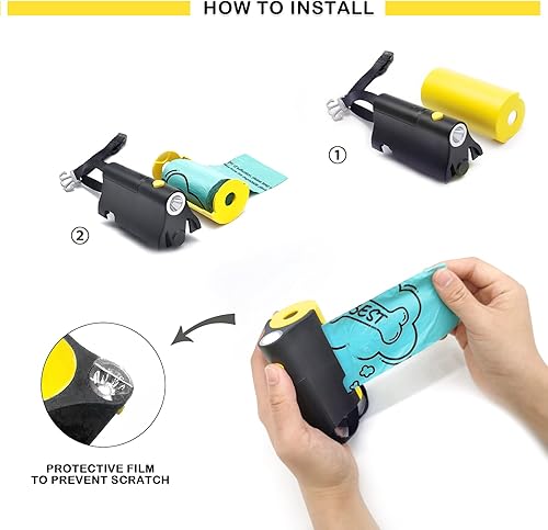 Miniatura 6 de Soporte 3 en 1 para bolsas de excremento de perro con linterna LED integrada para correa y clip de metal para colgar bolsas usadas, dispensador de