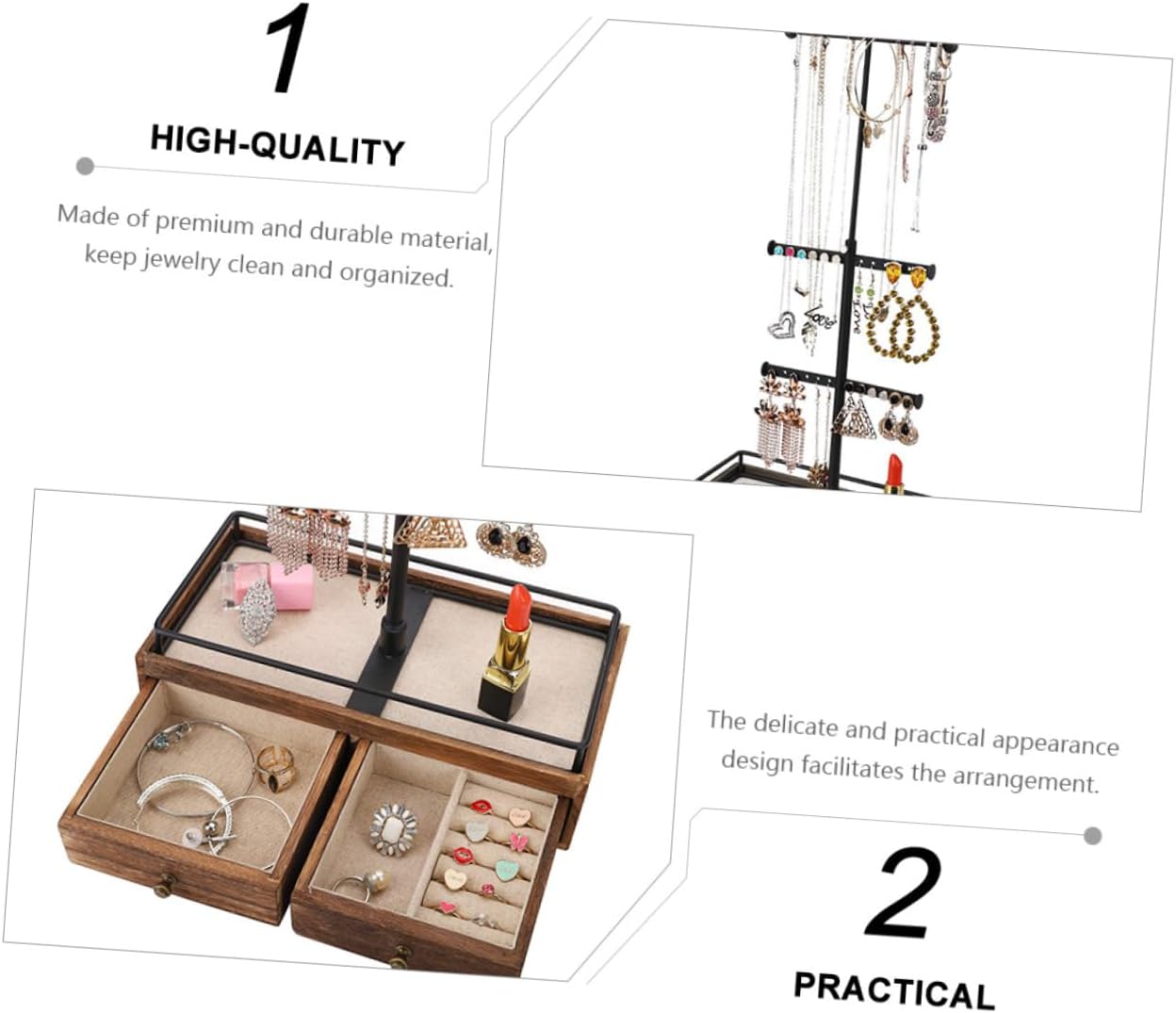Multi-layer Wooden Jewelry Rack Retro Design Jewelry Organizer for Bracelets Necklaces Earrings and for Dorm and Home Decor