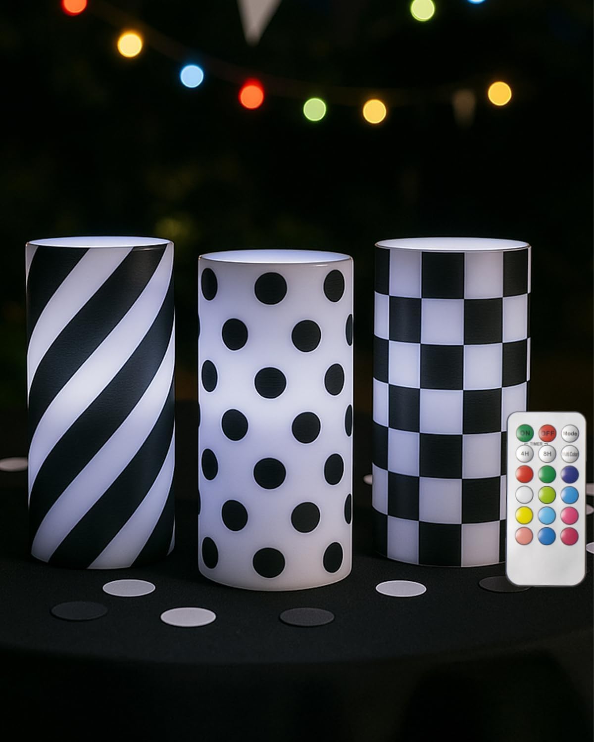 3 Pcs Checked Black and White Candles Battery Operated Pillar Flameless Candle with Remote for Birthday Gifts Holiday Decor Home Party Festival
