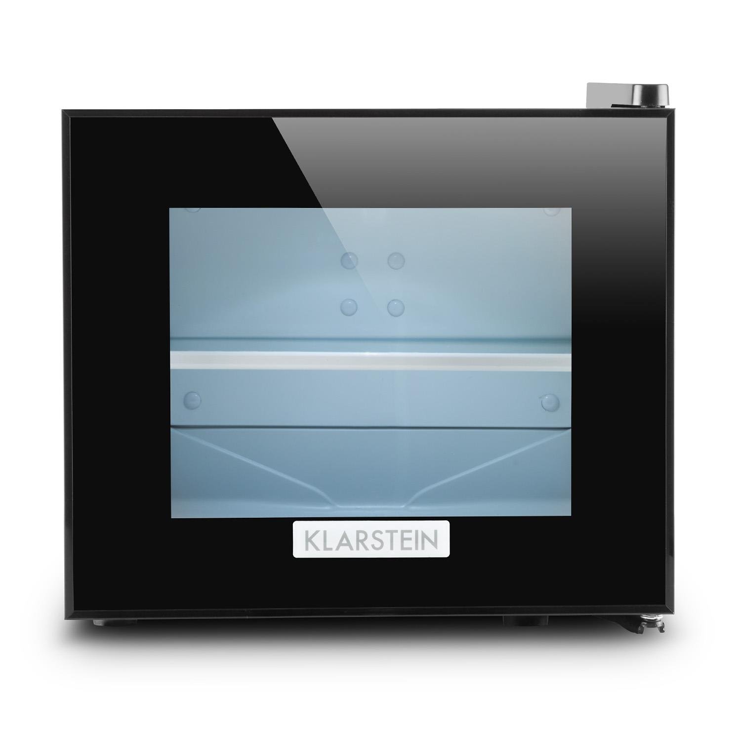 KLARSTEIN Frosty Mini frigo Réfrigérateur compact pour boissons et fromages 10 L 65 W Classe B (température 12-18 °C, porte en verre à isolation double, 30 dB, éclairage intérieur) - noir