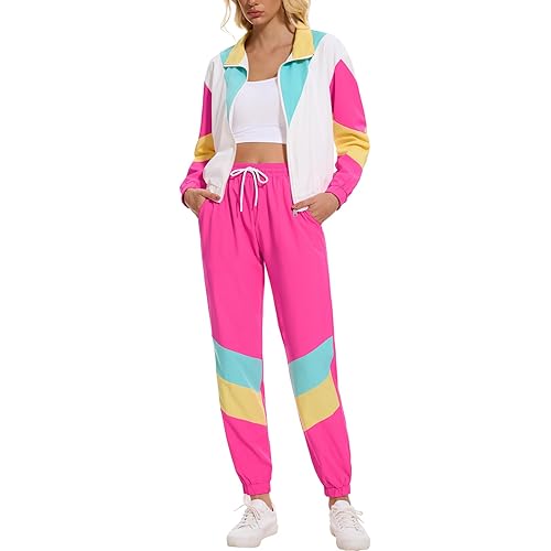 Womens 80s Outfits 90s Tracksuit Color Block 2 Piece Long Sleeve Windbreaker Jacket Set