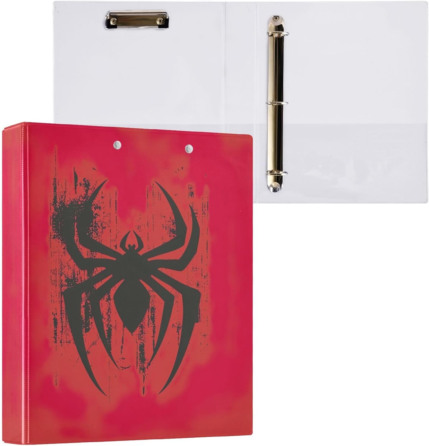 1.5 Inch Binders 3 Ring, Black Spiders on Red Decorative Three Ring Binder with 3 Interior Pockets, Notebook Binder for Work School Office, 1 Pack