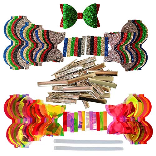 AOUXSEEM Faux Leather Hair Bows DIY Making Kit with Pre Cut Pieces and Hair Clips,Make Fashionable Shiny Hair Clips for Girls Lady Woman (Medium Size,24 Set)