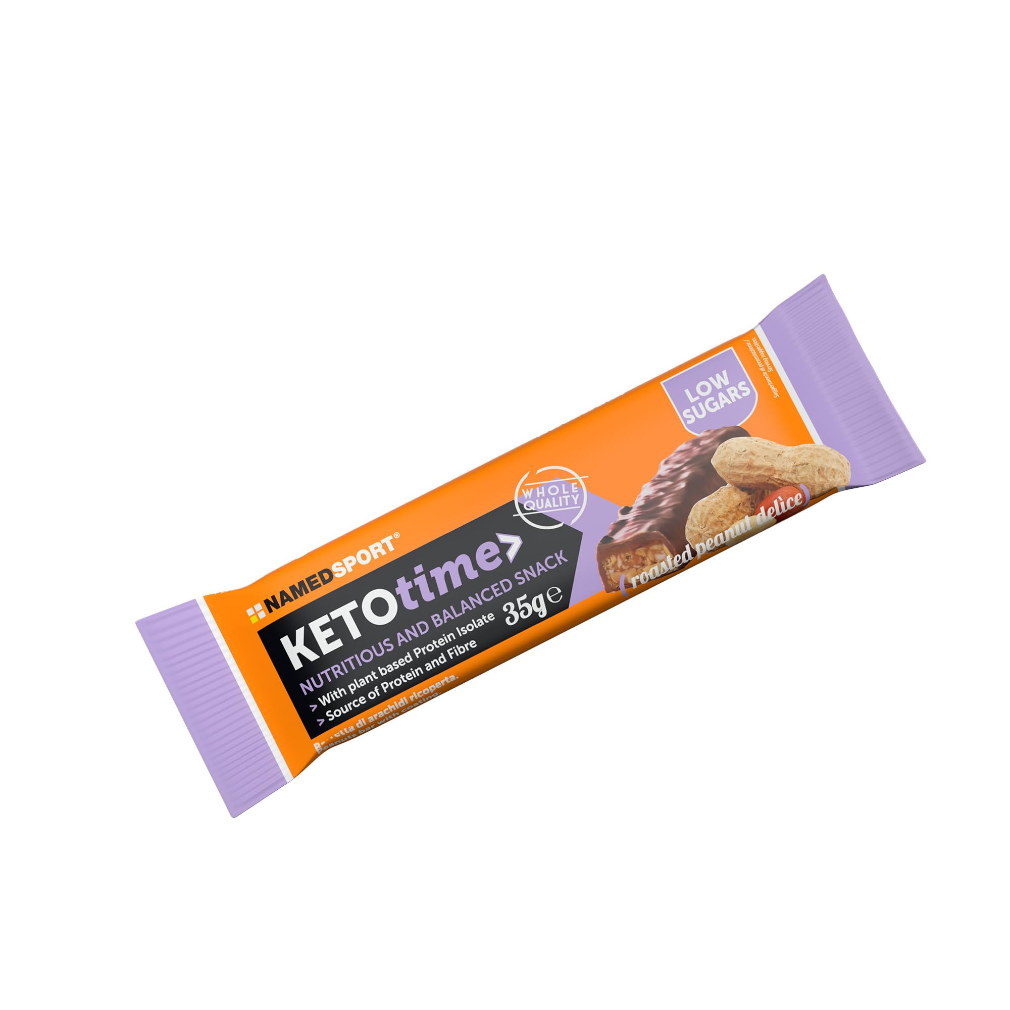 NAMEDSPORT> KETOTIME> deliziosa Barretta Keto a ridotto apporto di zuccheri, ricoperta di cioccolato e con vere arachidi tostate, Perfetta come Spuntino, Confezione da 15 barrette.