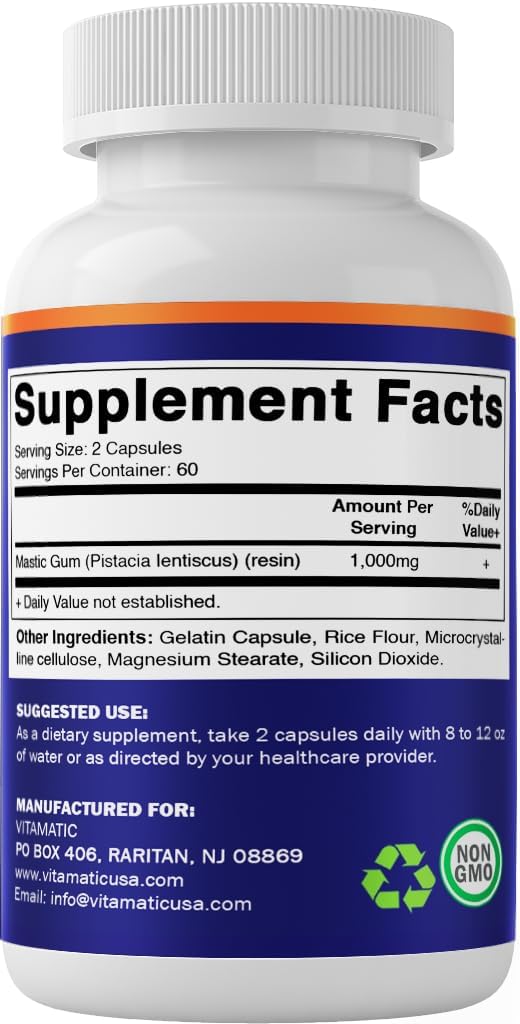 Vitamatic Mastic Gum 1000mg per Serving - Support Digestive Function, Gastrointestinal Health, Immune and Oral Wellness, 120 Capsules - Image 8