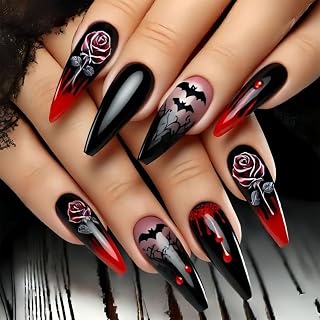 Spooky Season Fake Nail Red Gothic Blood Drip Motifs Rose Blood Drip Art Glossy Comfortable Wear Party Accessories