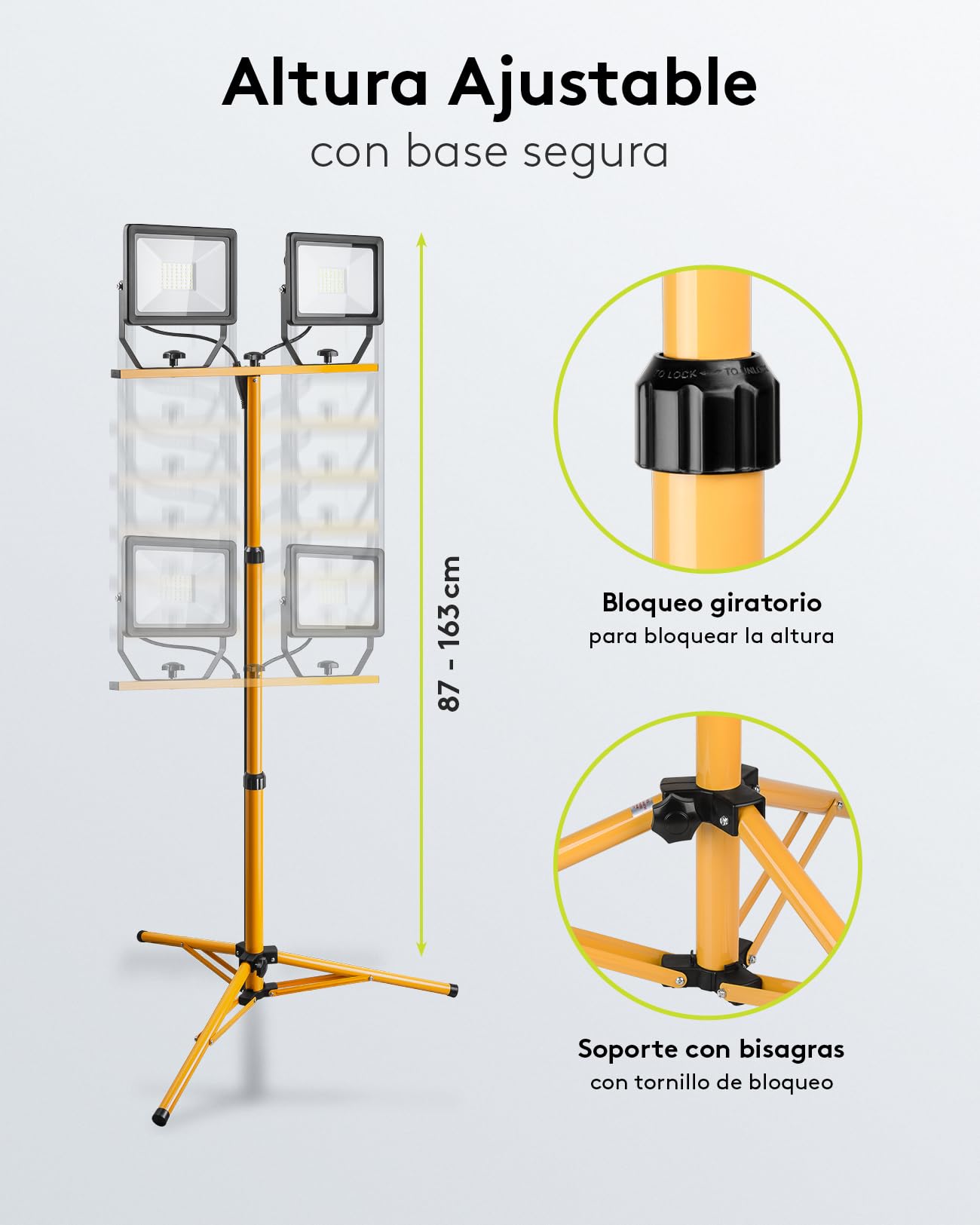 goobay Foco LED para Obras 49984-Foco construcción telescópico (Doble Cabezal, para Uso en Interiores y Exteriores, trípode de Metal, luz Blanca fría), Negro, Amarillo, 2x 50 Vatios