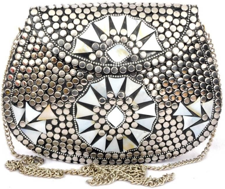 Shakuntala Vintage Clutch - Metal Mosaic Stone & Shell Design Purse - Handmade Women's Handbag
