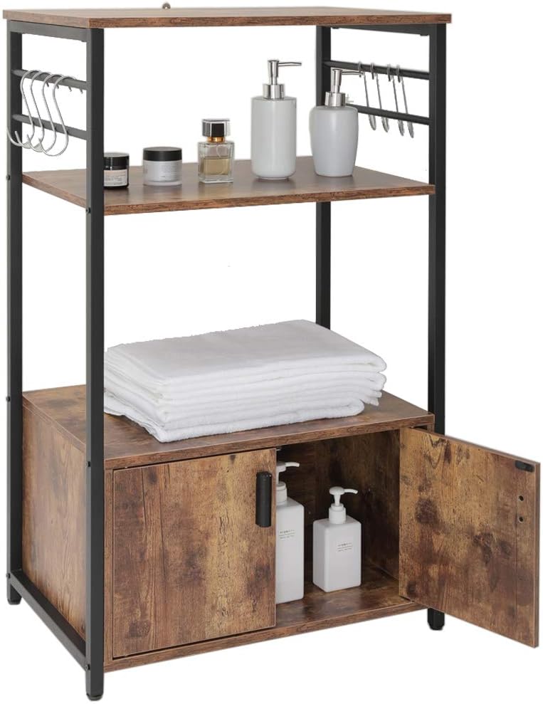 IWELL Kitchen Baker's Rack with 1 Cabinet and 8 S-Hooks, 3-Tier Industrial Utility Storage Shelf, Microwave Oven Stand, Microwave Cart for Kitchen, Dining Room, Rustic Brown - Standing Baker's Racks