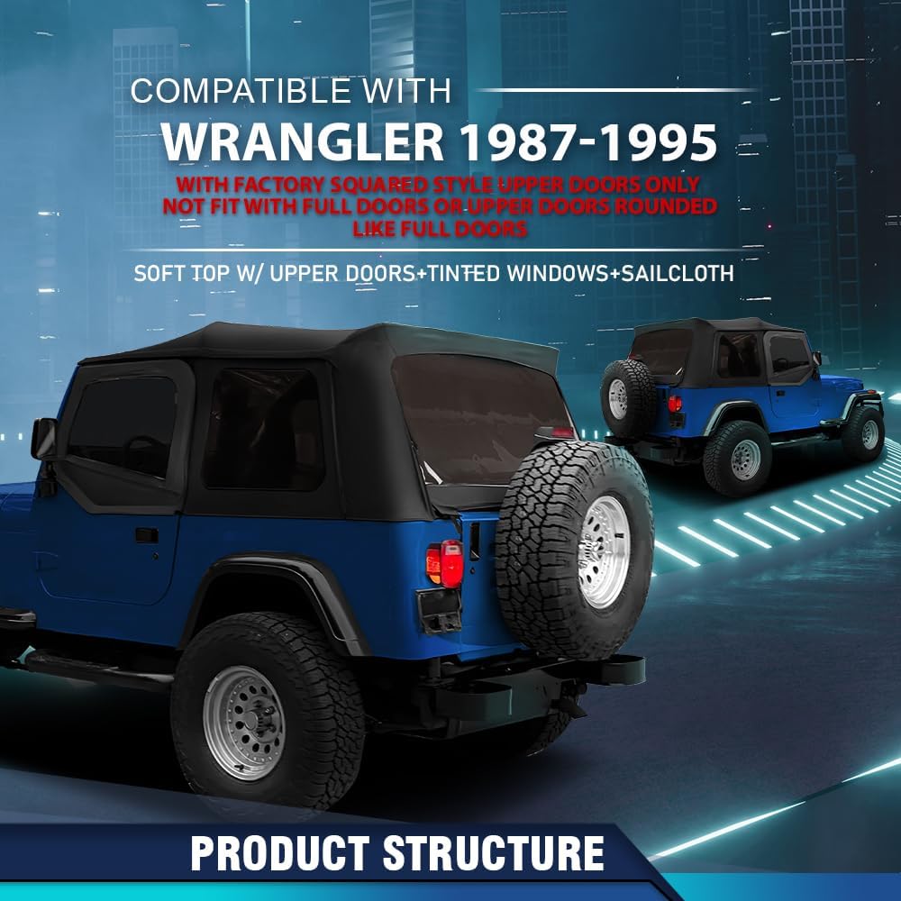 PIT66 Soft Top Sailcloth Black w/plastic windows Compatible with Jeep Wrangler 1987-1995 With Factory Squared Style Upper Doors Only 9870215, 9870217 Black
