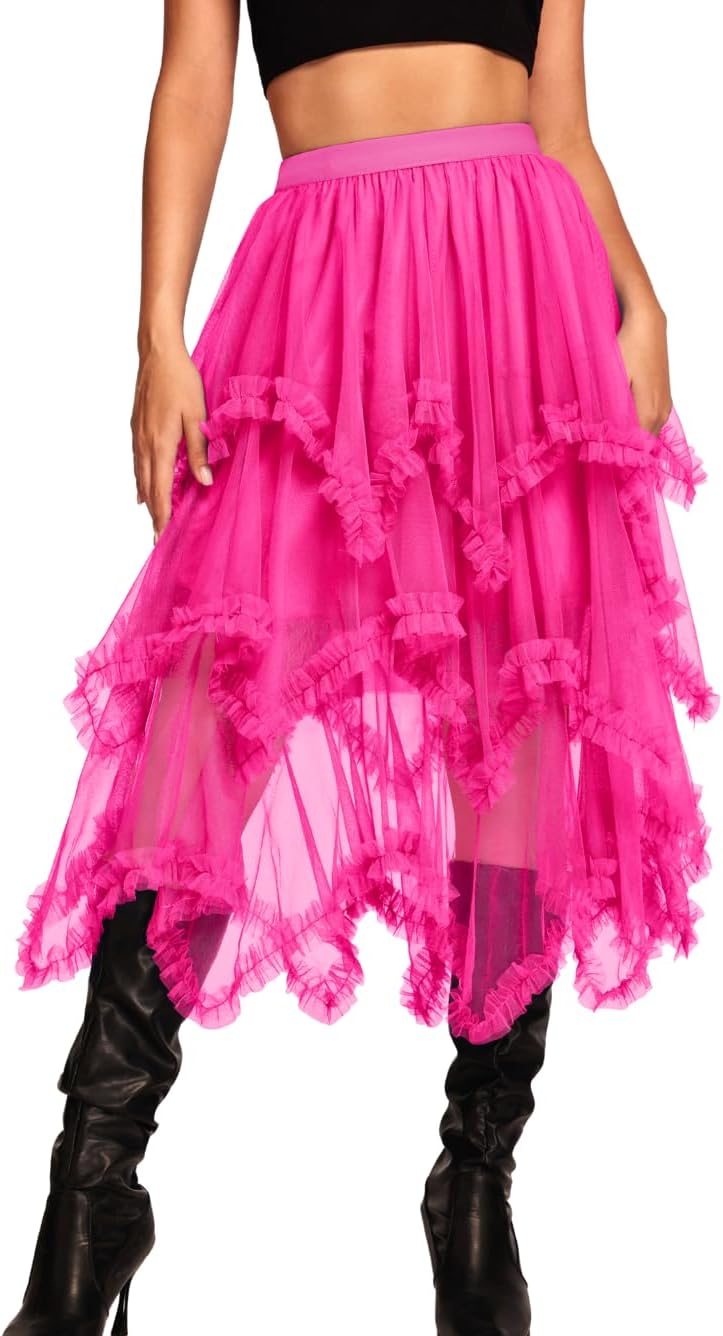 Kaei&Shi Long Tulle Skirt,High Waisted Asymmetrical Ruffle Skirts for Women,Renaissance Fairy Costume Concert Birthday Party