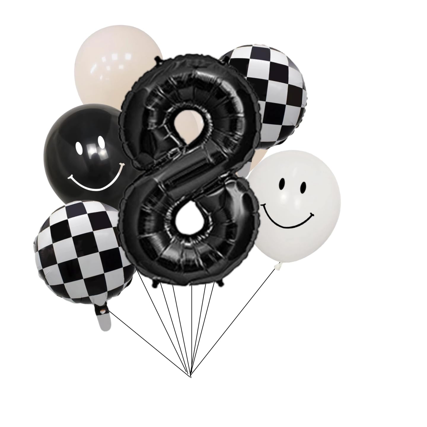 View 1 of 100% LIKED-One Happy Dude Balloon Set, 40” Black Number|Black & White Smiley Face Latex |Checkered Foil for One Happy Dude Birthday Decorations, Baby Shower, 8th Birthday Party Supplies (Black8th)