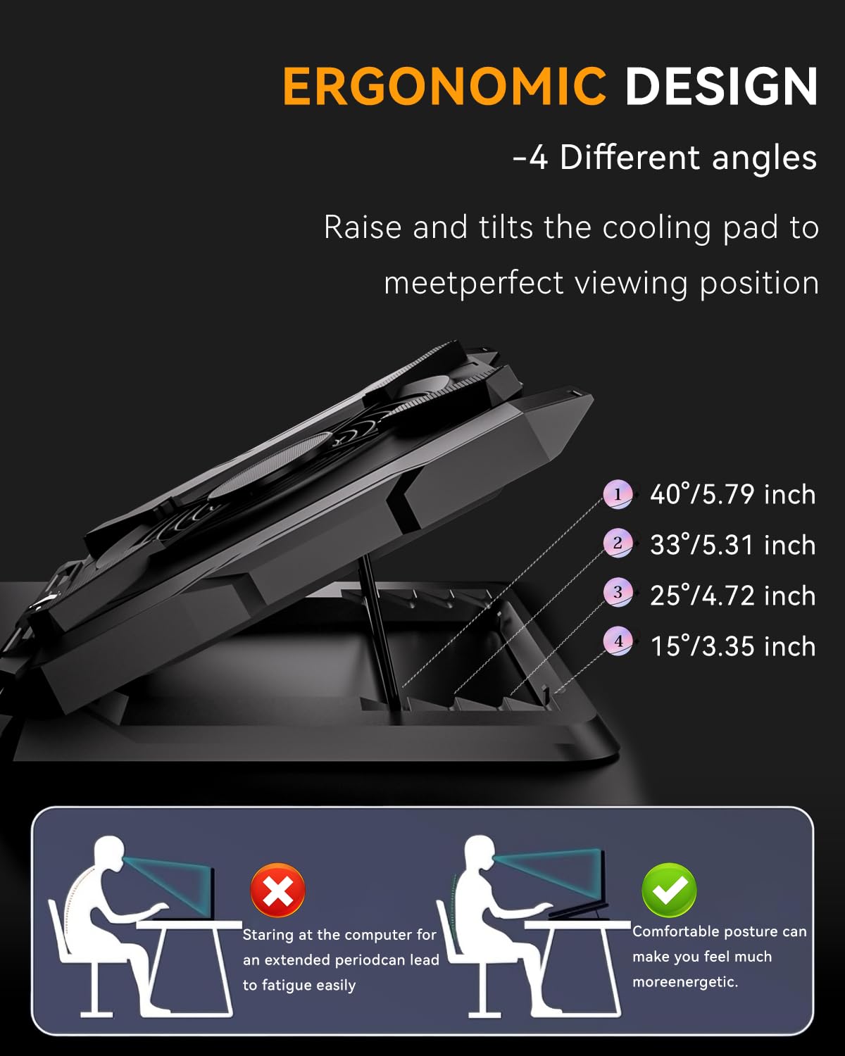 Laptop-Kühlkissen, Gaming-Laptop-Kühler mit 18,8 cm (7,1 Zoll) leistungsstarkem Lüfter, RGB-Lichtern & 3-Gang-Lüftersteuerung & LCD-Diamant-Design, höhenverstellbar, leiser Laptop-Kühlständer