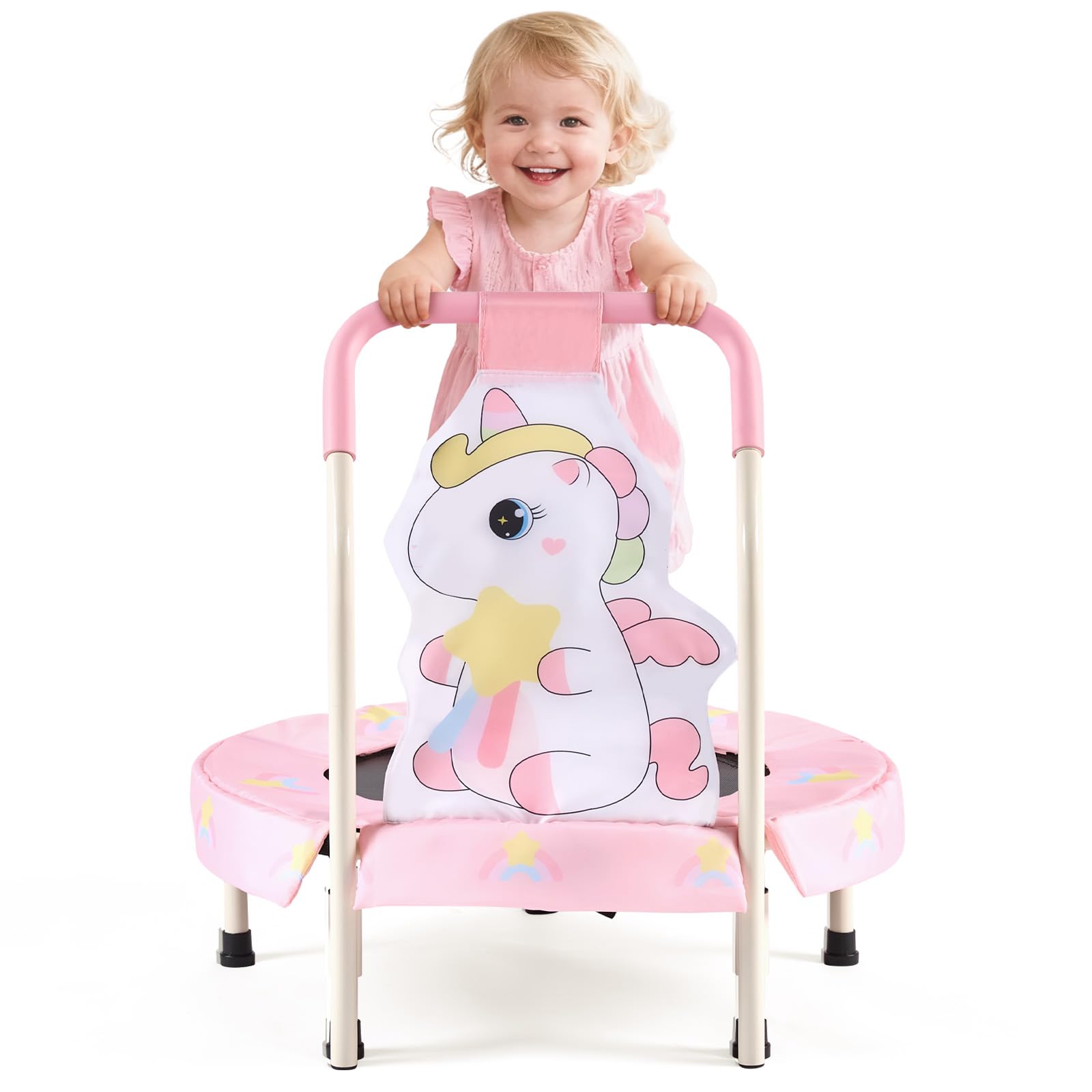 FUNLIO 27" Unicorn Mini Trampoline for Toddlers, Small Trampoline with Safety Handle, Rainbow Fairy Unicorn Jumping Toy for Younger Kids, Foldable & Portable for Indoor/Outdoor Fun, CPC&CE Certified