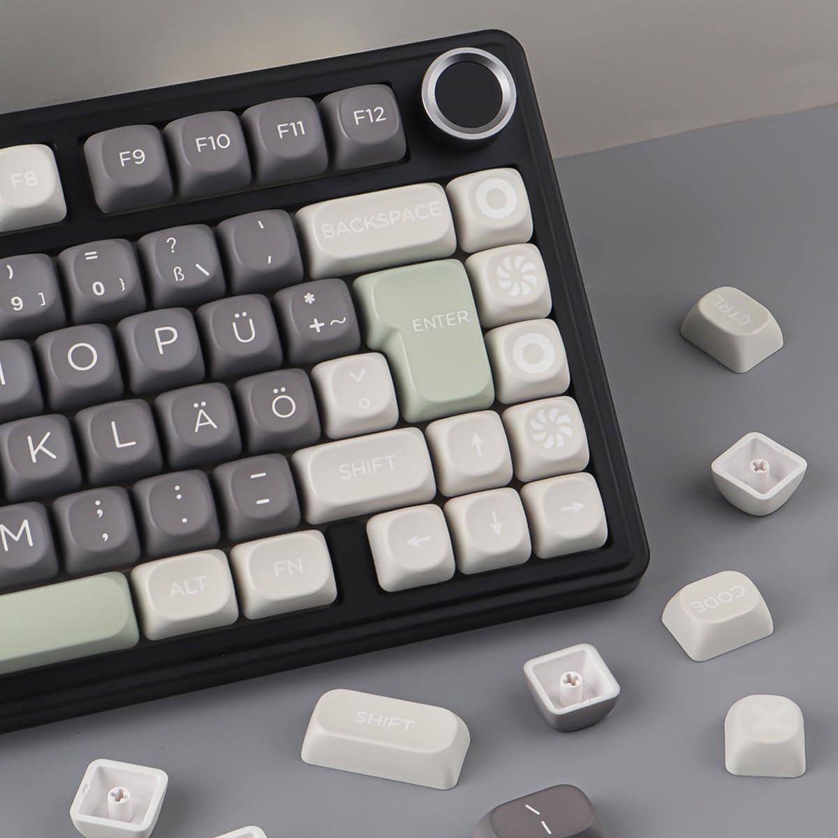 PBT Touches allemandes 131 touches Double Shot Profil MOA Minimaliste Rétro Blanc Gris Vert Touches personnalisées pour Cherry MX Switch ISO QWERTZ Clavier mécanique