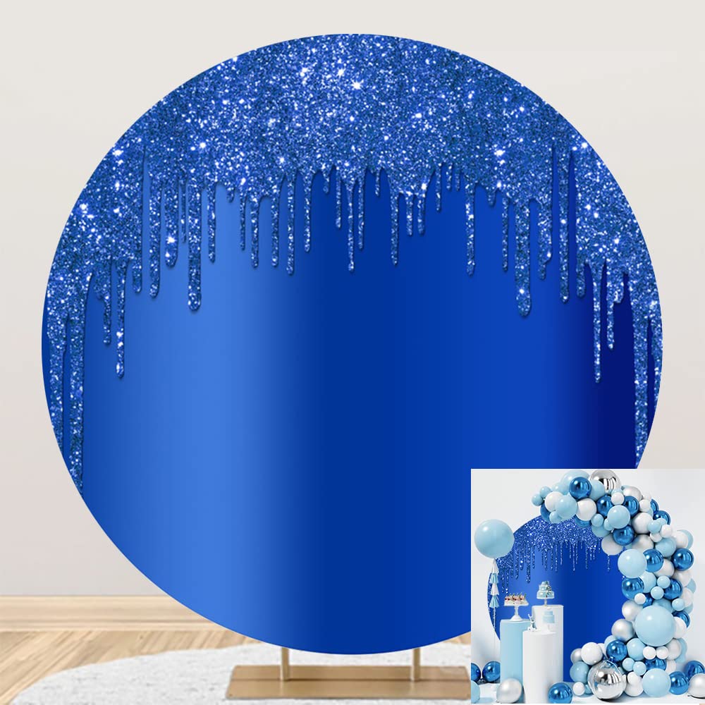 OERJU 7.5x7.5ft Royal Blue Glitter Round Backdrop Luxurious Blue Sequins Deluxe Drippy Photography Background Circle Backdrop Cover for Birthday Baby