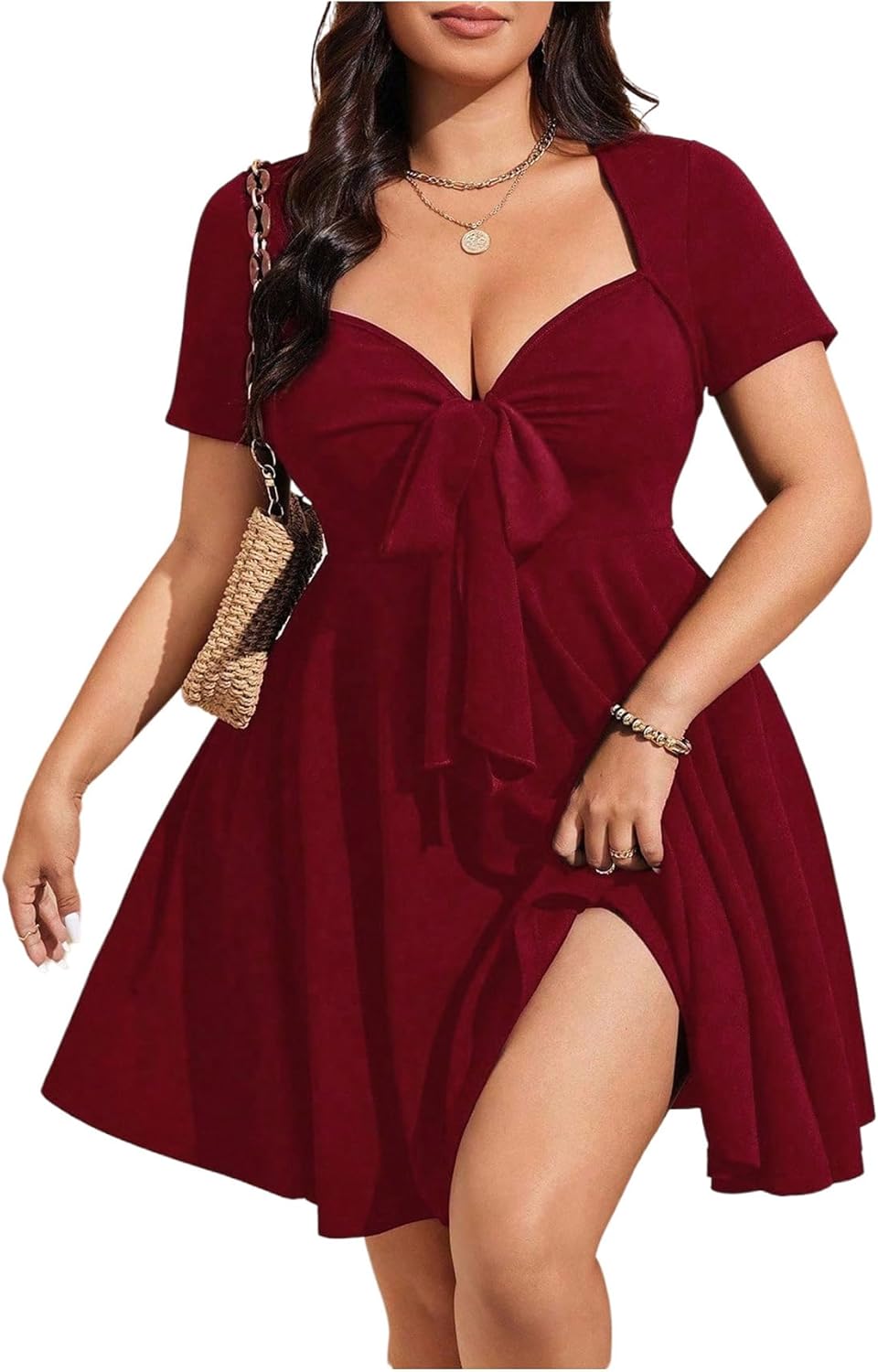 SOLY HUX Women's Plus Size Bow Tie Short Sleeve Summer Short Dress Cocktail Beach Wedding Dresses