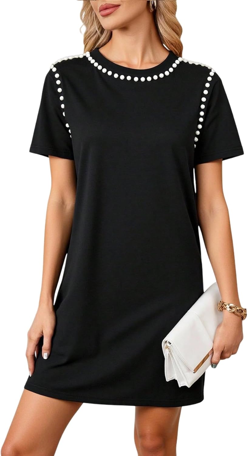 Women's Pearl Mini Tshirt Dress Summer Short Sleeve Crew Neck Elegant Casual Shift Dresses