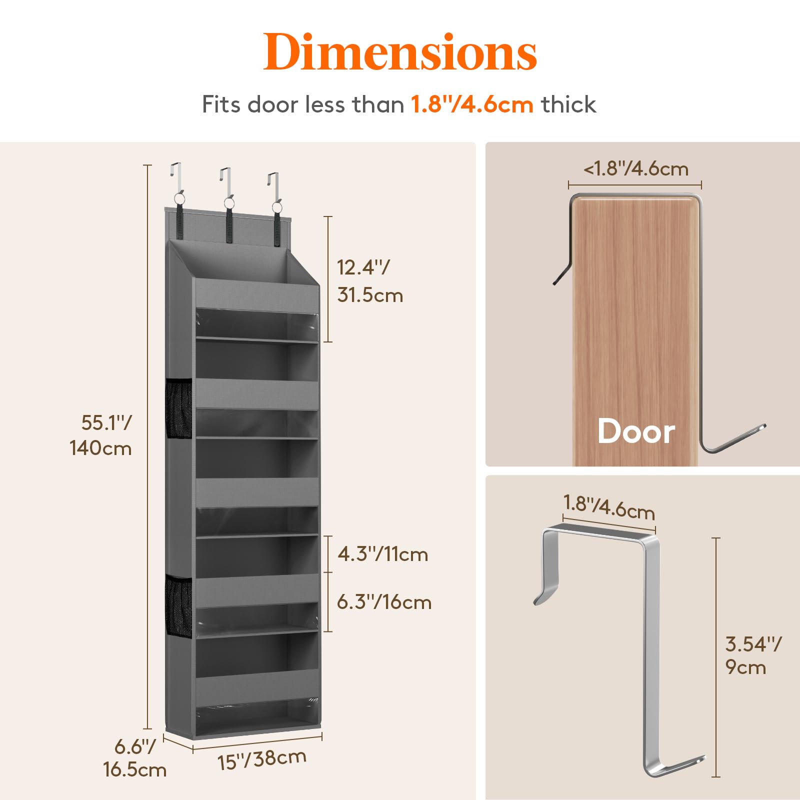 Lifewit 2 Pack Over the Door Organizer, 5 Shelf Clear Window Hanging Storage with 4 Mesh Side Pockets, Anti Tilt 40 lbs Load Behind Door for Pantry, Nursery, Bathroom, Bedroom, Kitchen, Dorm, Grey