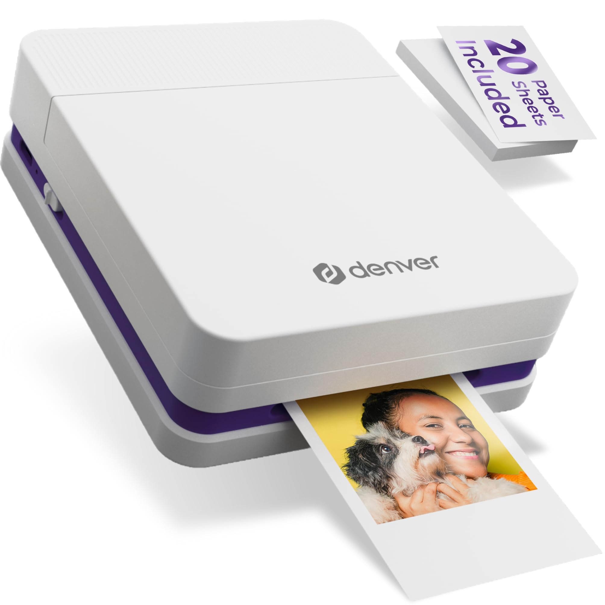 Denver MCP-6010 Mini stampante fotografica per smartphone, stampante portatile a colori con Bluetooth 5.2, 600 DPI, iOS e Android, stampante fotografica portatile con batteria, cartuccia e set di 20