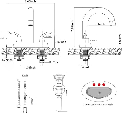 Miniatura 2 de GGStudy - Grifo de baño negro mate con 2 asas de 4 pulgadas, juego central negro para autocaravana, con montaje de drenaje y manguera de suministro,