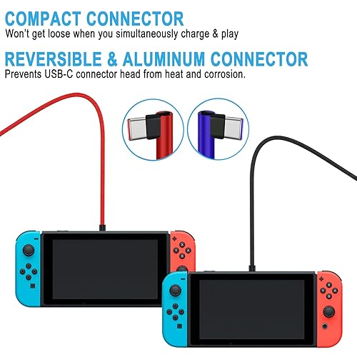 Miniatura 4 de Cable de carga para NS Switch and Switch LiteOLED y Pro Controller Paquete de 2 cables extralargos de punta de 90 grados de nailon trenzado USB C a