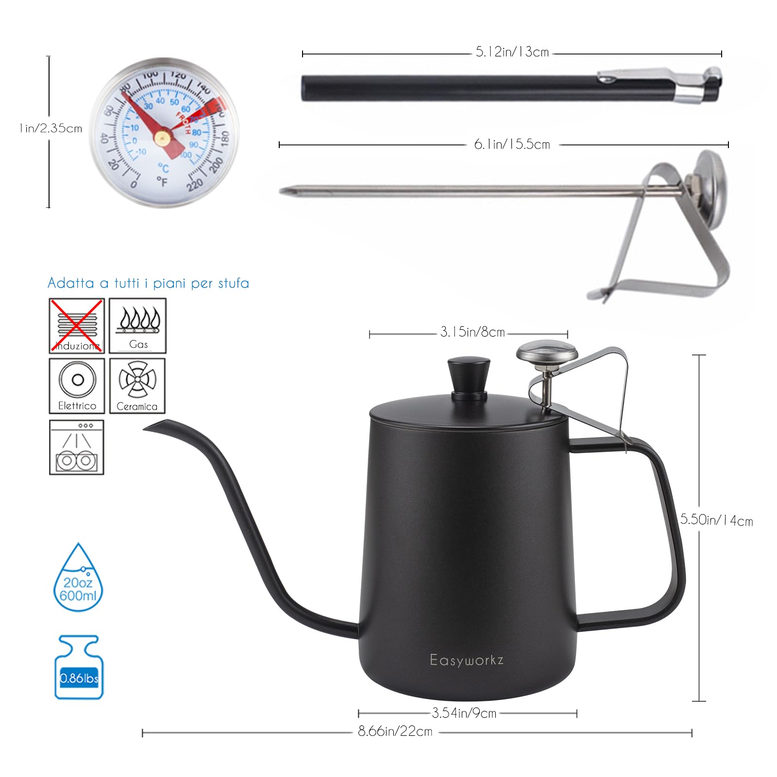 Easyworkz Gage Gooseneck Pour Over Coffee Kettle 600ml con termometro Caffettiera in acciaio inossidabile 304 con beccuccio lungo e stretto Bollitore a goccia manuale