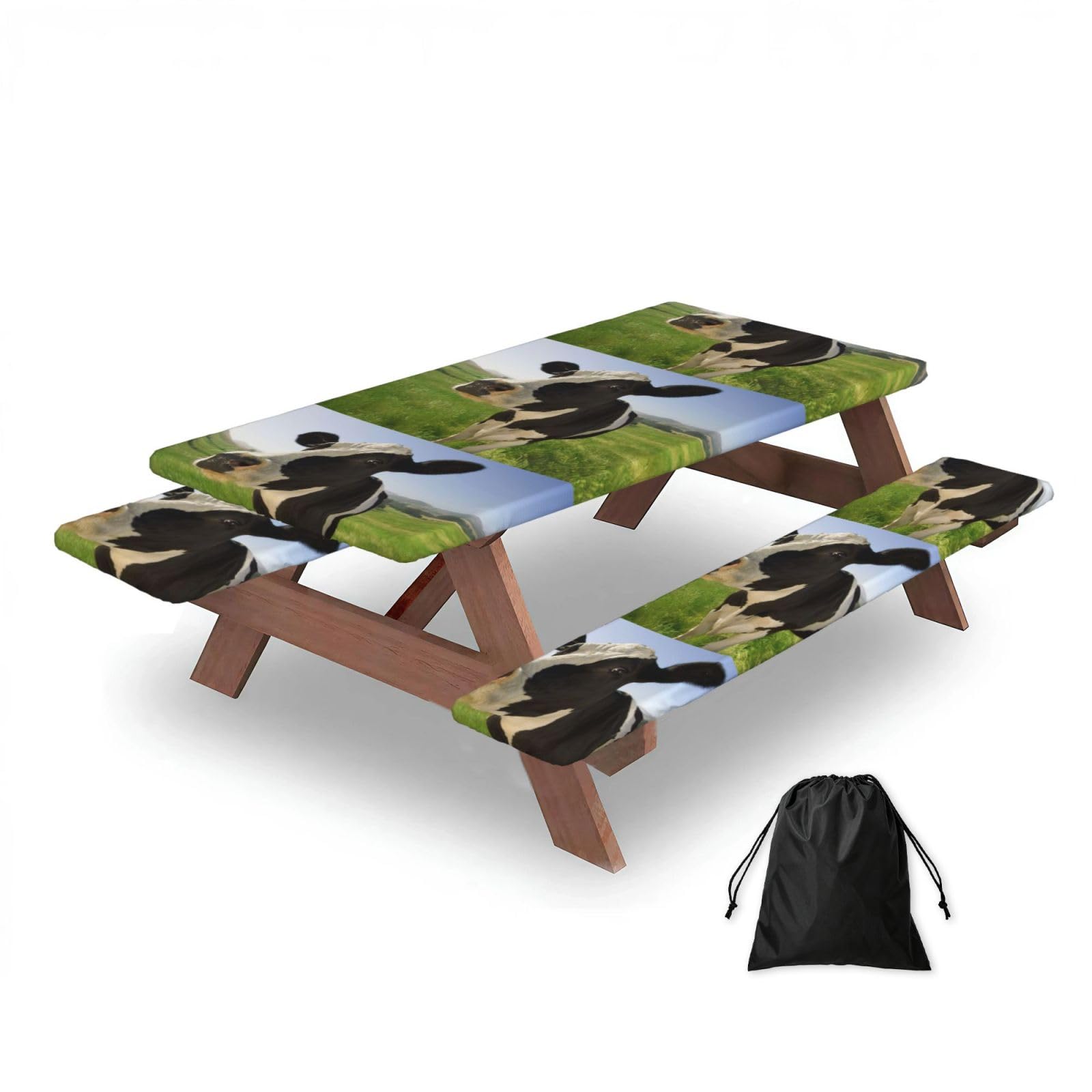 Dopklna As Picture Cows In The Pasture, Picnic Table Cover With Bench Covers -Waterproof Elastic Fitted Tablecloth For Garden Camping Patio 76X152cm