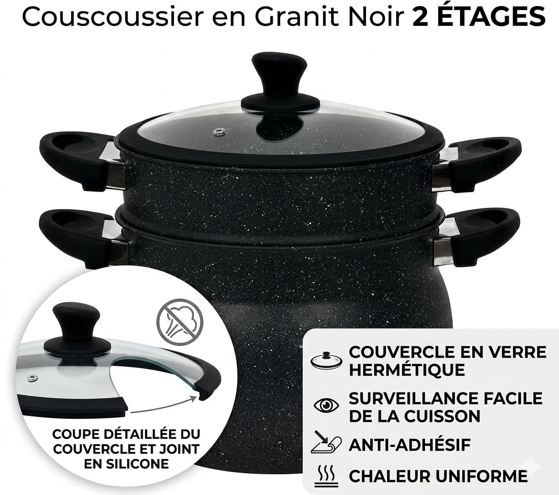 Couscoussier en Aluminium, Revêtement Pierre, Anti-adhésif, Cuiseur Vapeur 2 Étages, Couvercle en Verre avec Bord Silicone, Tous Feux Dont Induction, Noir (4Litre-20cm)