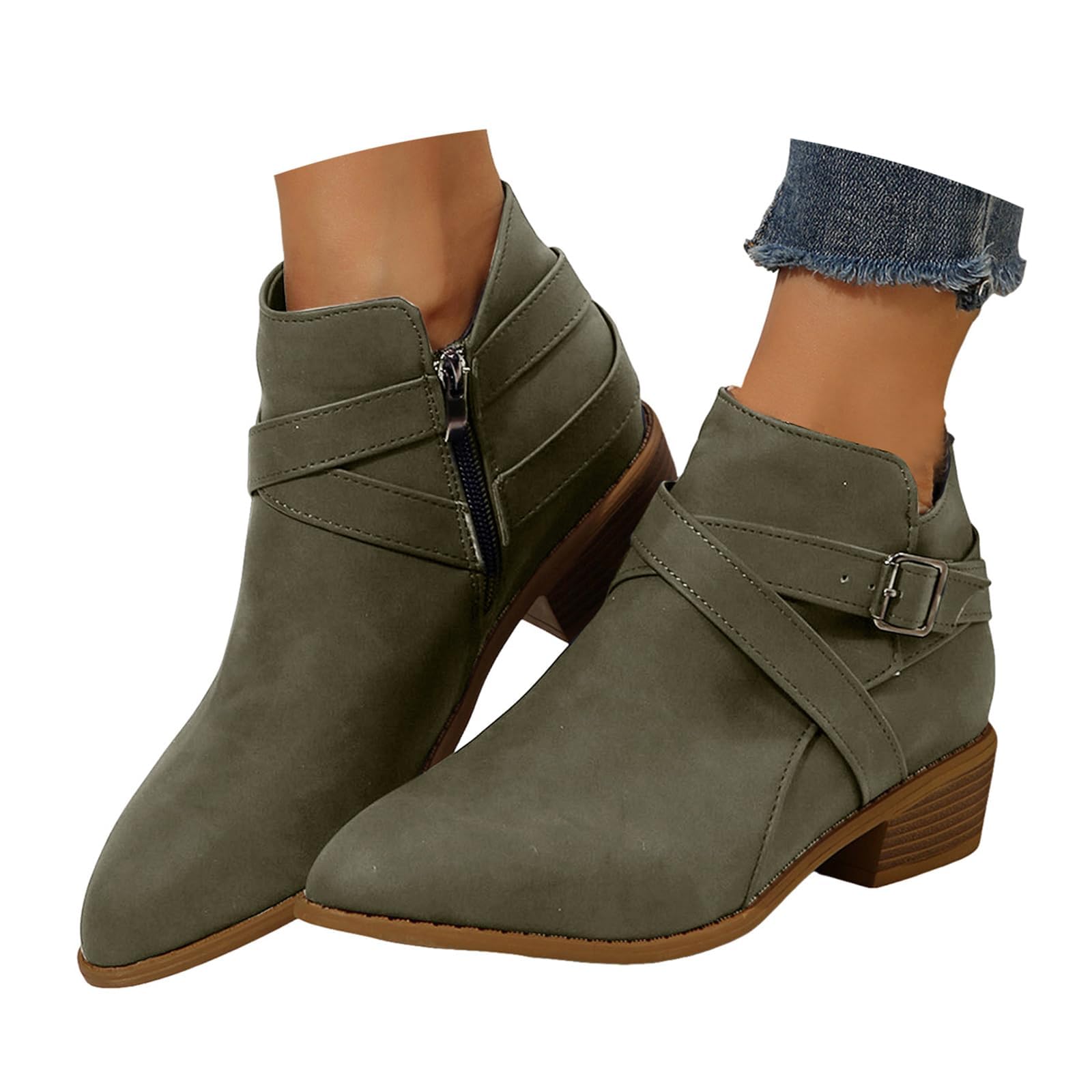 Ankle Boots for Women Chunky Low Heel Ankle Boots Comfortable Short Slip On Fall Shoes Round Toe Dress