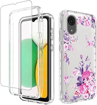 Case for Galaxy A03 Core Case, SM-A032F Case with Tempered Glass Screen Protector, Soft 360 Full Body Shockproof Hybrid Bumper Crystal Clear Case Cover for Galaxy A03 Core Rose Flower